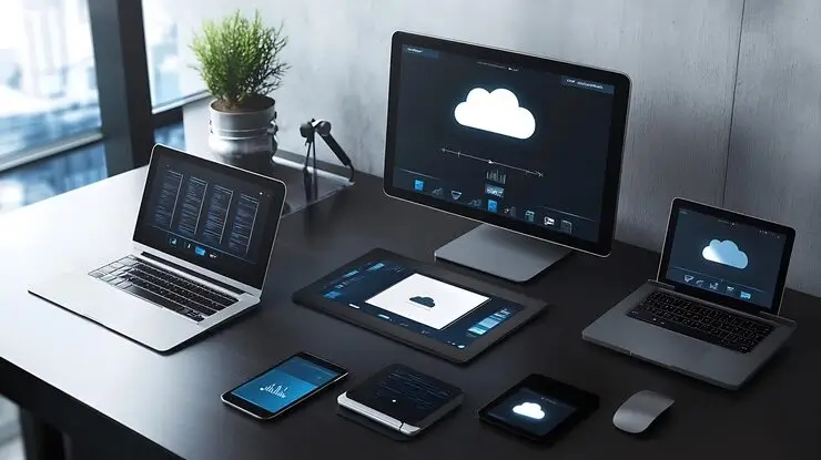 Modern tech workspace with multiple monitors and development tools